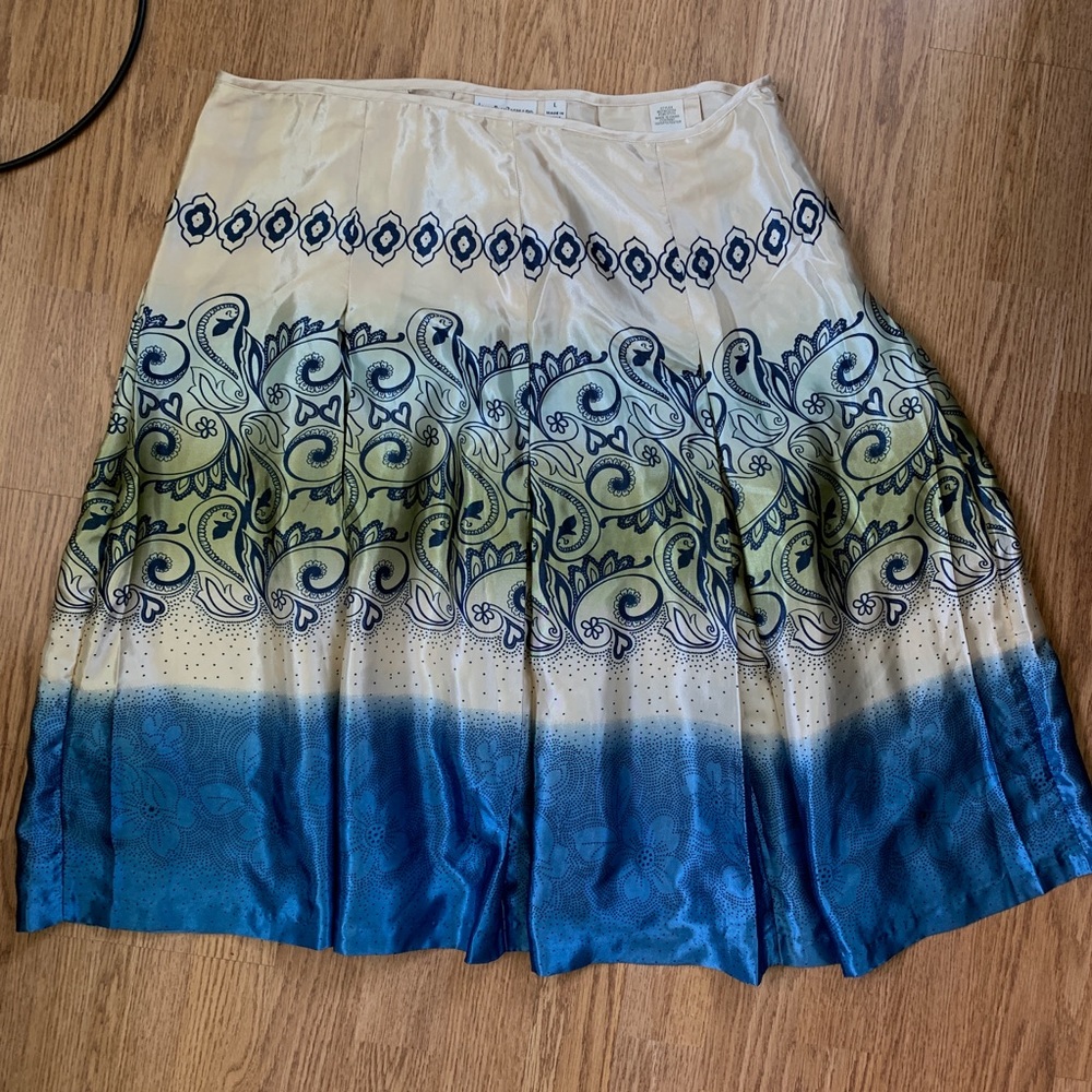 Satin midi skirt , blue tan paisley